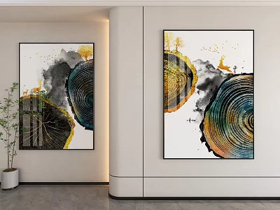 Modern Abstract Wall Art With Tree Ring Patterns And Green Plant In Interior 3d model