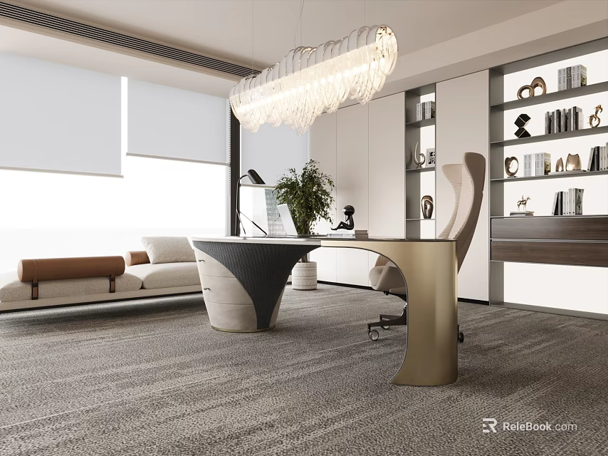 Modern Office Interior With Open Layout Pendant Light Sofa Desk Bookshelf And Green Plant 3d model 