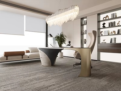 Modern Office Interior With Open Layout Pendant Light Sofa Desk Bookshelf And Green Plant 3d model