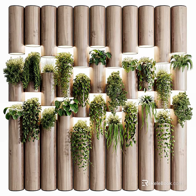 Vertical Green Wall With Lush Hanging Plants On Wooden Columns And Soft Lighting 3d model 