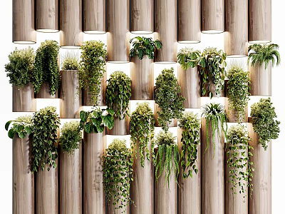 Vertical Green Wall With Lush Hanging Plants On Wooden Columns And Soft Lighting 3d model