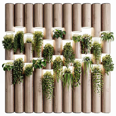 Vertical Green Wall With Lush Hanging Plants On Wooden Columns And Soft Lighting 3d model