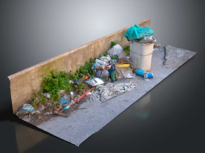 Trash Piled Against Wall With Debris On Pavement And Green Bag 3d model