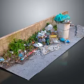 Trash Piled Against Wall With Debris On Pavement And Green Bag 3d model