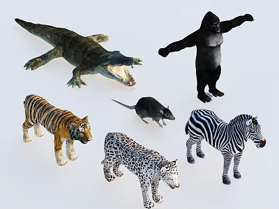 Reptile Crocodile Among Wild Animals Tiger Zebra Leopard Gorilla And Rat 3d model