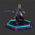 Orange Haired Game Character In Purple Blue Outfit Holding Dual Swords On Glowing Hexagonal Base