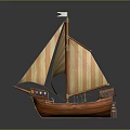 Wooden Sailboat Model With Orange And White Striped Sails And Mast