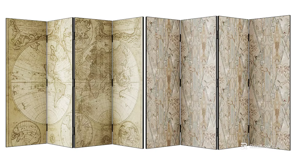 Vintage Map Pattern Folding Room Divider Screen With Classic Design 3d model