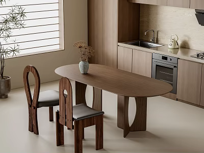 Modern Wooden Dining Table Set With Matching Chairs And Vase In Kitchen Interior 3d model