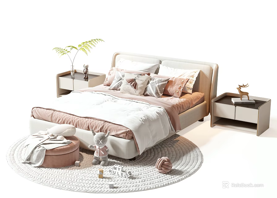 Kids Bed With Soft Pink White Padded Headboard Decorative Pillows Stuffed Toys And Round Rug 3d model 