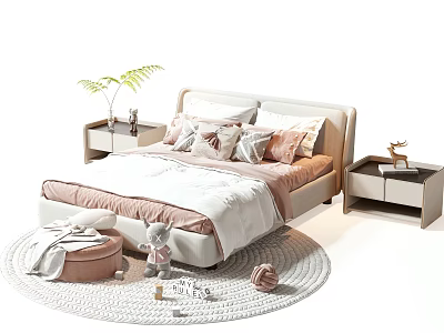 Kids Bed With Soft Pink White Padded Headboard Decorative Pillows Stuffed Toys And Round Rug 3d model