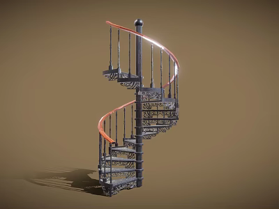 Wrought Iron Spiral Staircase With Red Railings And Ornate Decorative Twisted Design 3d model