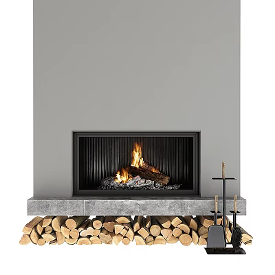 Modern Fireplace With Burning Flames And Stacked Firewood On Stone Base 3d model