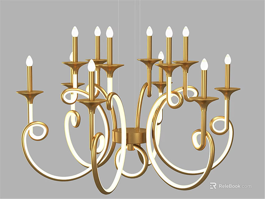 Elegant Gold Chandelier With Multiple Candle Shaped Arms And Curved Decorative Rings 3d model 