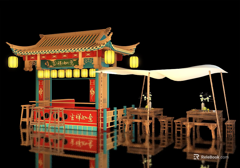 Traditional Chinese Street Food Stall With Classic Eaves Red Decor Lanterns And White Canopy 3d model 