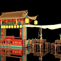 Traditional Chinese Street Food Stall With Classic Eaves Red Decor Lanterns And White Canopy