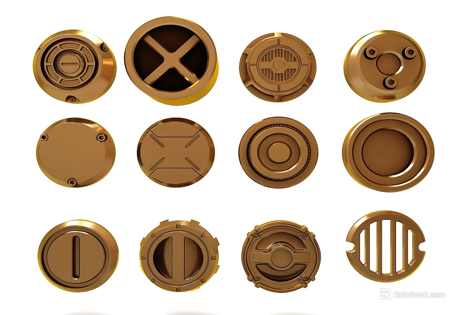 Golden Circular Metal Components With Various Designs Including Cross And Grid Patterns 3d model