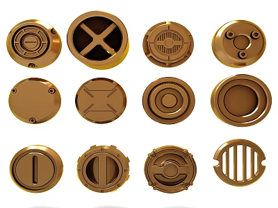 Golden Circular Metal Components With Various Designs Including Cross And Grid Patterns 3d model
