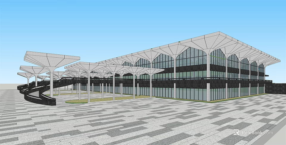Modern Building Exterior With Glass Facade Canopy Structures And Geometric Tile Plaza 3d model 