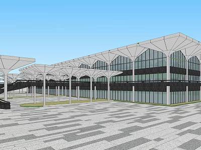 Modern Building Exterior With Glass Facade Canopy Structures And Geometric Tile Plaza 3d model