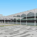 Modern Building Exterior With Glass Facade Canopy Structures And Geometric Tile Plaza