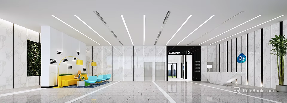 Spacious Modern School Lobby With Glass Walls Marble Walls And Blue Chairs 3d model 