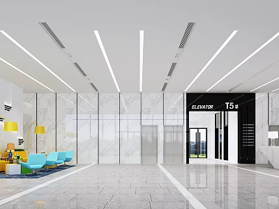 Spacious Modern School Lobby With Glass Walls Marble Walls And Blue Chairs 3d model