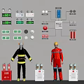 Fire Fighting Equipment Display With Firefighter Models Control Panels Hydrant Boxes Emergency Buttons Exit Signs 3d model