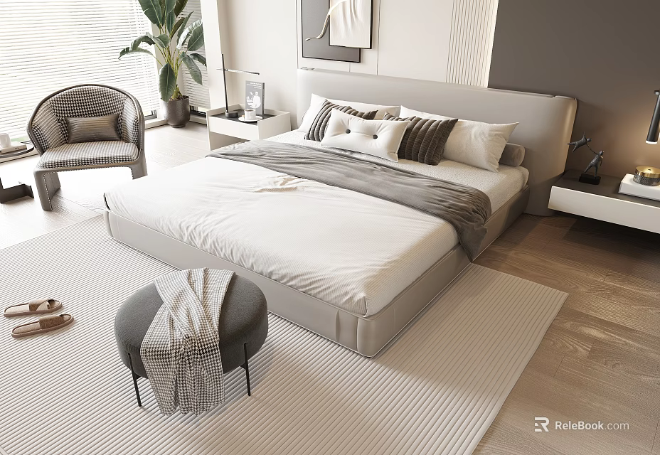 Modern Double Bed with Gray Headboard White Bedding Decorative Pillows Nightstand and Lamp 3d model 