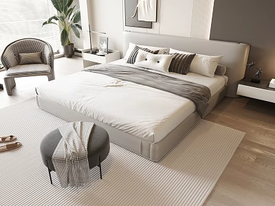 Modern Double Bed with Gray Headboard White Bedding Decorative Pillows Nightstand and Lamp 3d model
