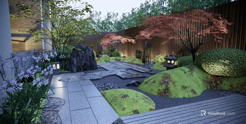 Japanese Garden Landscape Featuring Rock Formations Maple Trees Stone Path And Lanterns 3d model