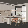 Modern Restaurant Interior Design With Dining Table Chairs Pendant Lights And Open Layout Cabinets 3d model