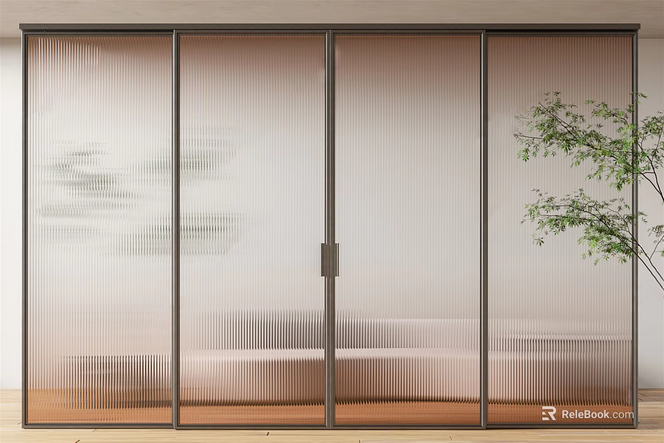 Modern Sliding Doors With Pleated Glass For Living Room Interior And Green Plant 3d model 