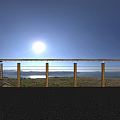 Modern Outdoor Railing With Wooden Posts And Metal Bars For Lakeside Scenic View