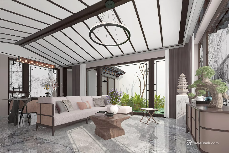 Chinese Style Dining Living Room Interior Design With Grid Ceiling Sofa And Green Plant View 3d model 