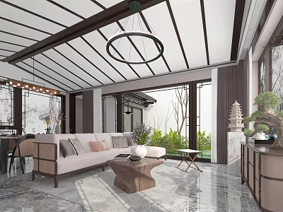 Chinese Style Dining Living Room Interior Design With Grid Ceiling Sofa And Green Plant View 3d model