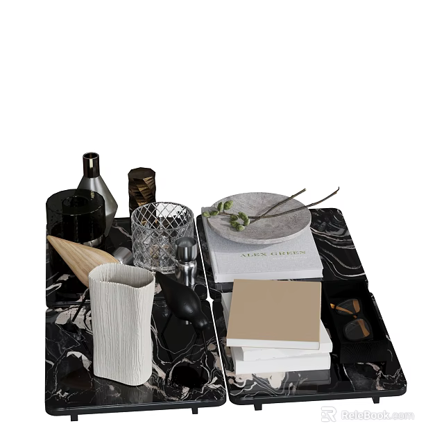 Decorative Ornament Set With Marble Tray Books Plant Pen Holder Mesh Cup Wine Bottle Sunglasses 3d model 