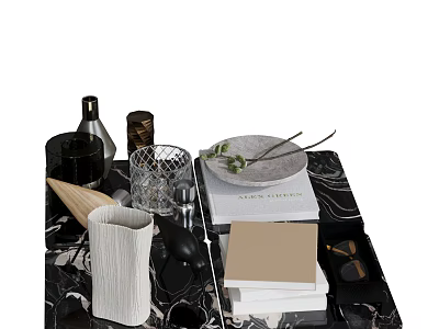 Decorative Ornament Set With Marble Tray Books Plant Pen Holder Mesh Cup Wine Bottle Sunglasses 3d model