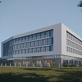Modern Multi Storey Office Building With White Exterior Large Glass Windows And Green Lawn Trees