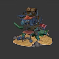 Cartoon Scene With Multi Level Wooden Building Red Roofs Green Vines Wooden Platform And Stones