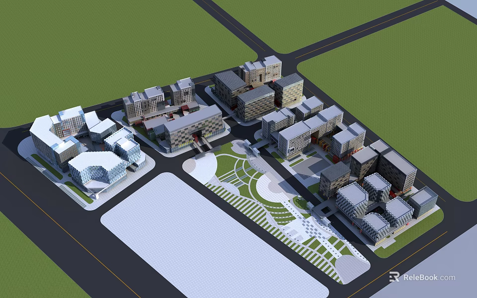 Modern Office Building Complex With Landscaped Green Areas And Multiple Structures 3d model