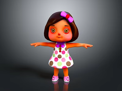 Little Girl with Brown Hair Pink Bow White Polka Dot Dress Pink Shoes Arms Outstretched 3d model