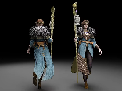 Fantasy Woman In Blue Robe With Feathered Trim Holding Long Ornate Staff 3d model