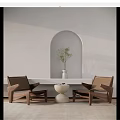 Wooden Frame Leisure Chairs With Woven Seats And Round Coffee Table By Arched Window