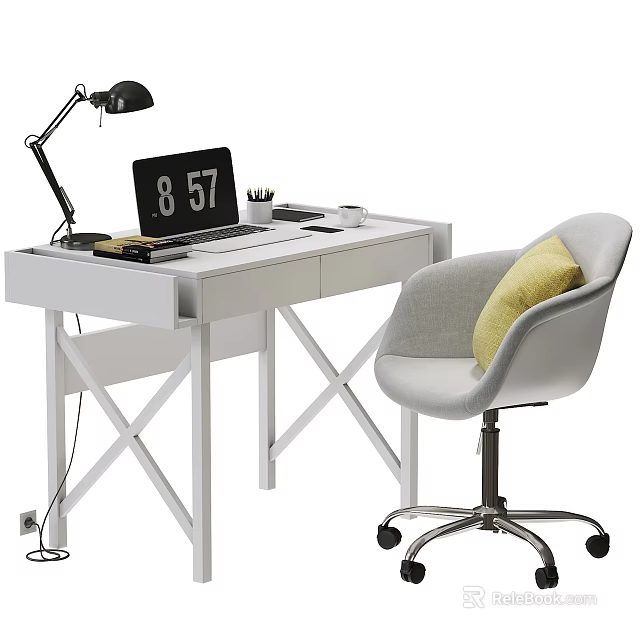 Modern White Desk With Laptop Desk Lamp Stationery Gray Chair And Yellow Cushion 3d model 