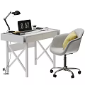 Modern White Desk With Laptop Desk Lamp Stationery Gray Chair And Yellow Cushion