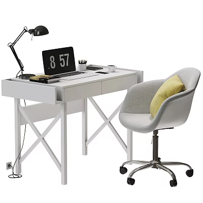 Modern White Desk With Laptop Desk Lamp Stationery Gray Chair And Yellow Cushion 3d model