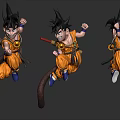 Two Anime Character Statues in Jumping Pose with Orange Clothing Black Hair Holding Red Staff