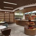 Supermarket Snack Area Interior Layout With Display Shelves Various Snacks Checkout Counter And Tables Chairs