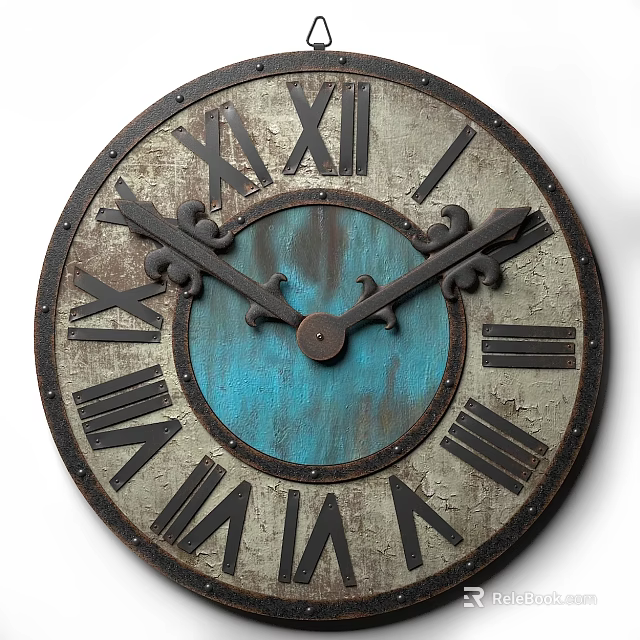 Vintage Round Wall Clock With Roman Numerals Blue Center Dial Rustic Metal Frame 3d model 